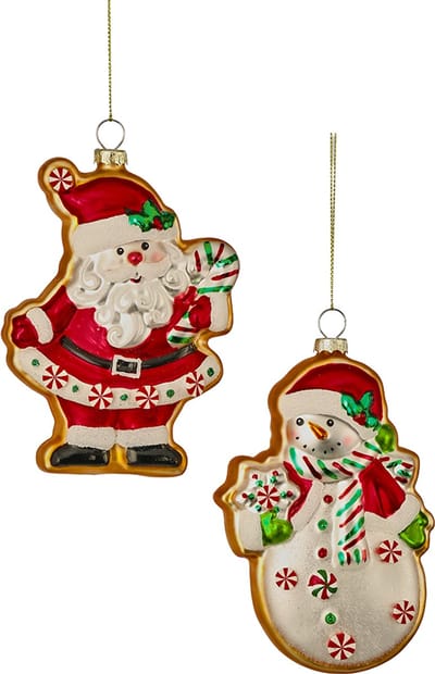 Viv! Christmas Kerstornament - Kerstman & Sneeuwpop Koekjes - set van 2 - glas - rood wit bruin - 14cm