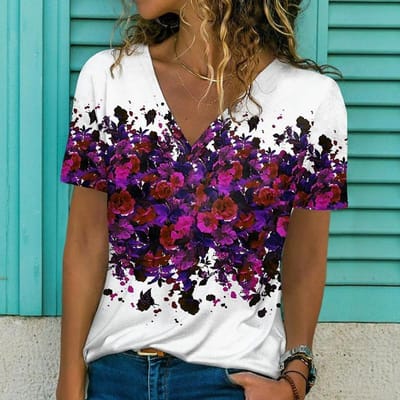 Bloemen Pailletten 3D Print T-shirt Nieuw Dames V-hals Korte Mouw Tee Y2k Tops Streetwear Harajuku Oversized T-shirts Dames Kleding 3XL