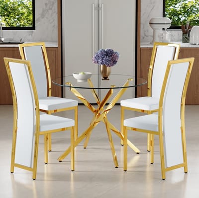 Set Tafel En Stoelen - Ronde Glazen Eettafel Met 4 Witte Eetkamerstoelen En Goudkleurig Metalen Onderstel - Voor Eetkamer - Wit Goud