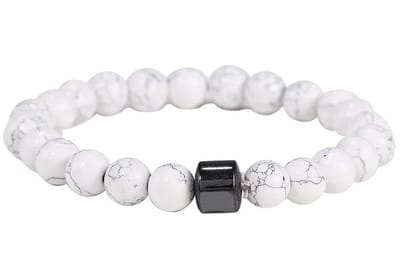 Kralen Armband met Zwarte Hanger - Marmer Wit - Natuursteen - Armbanden Heren Mannen Dames Vrouwen - Kralenarmband - Papa Cadeau Voor Mannen - Vaderdag