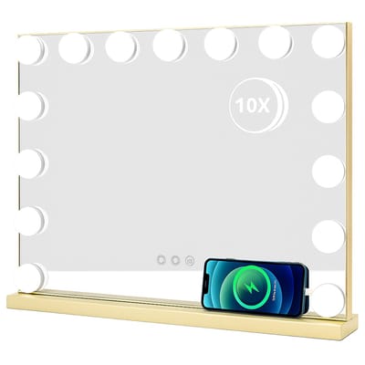 Luxaliving Hollywood Make-up Spiegel met Verlichting – Dimbaar – 10x Vergroting – 58x43 cm – USB – Goud