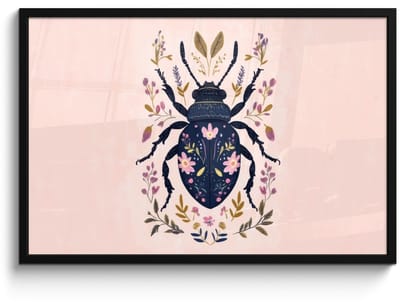 Poster in lijst - Fotolijst 90x60 cm - Posters - Donkerblauw - Kever - Bloemtakken - Sierlijk - Posterlijst zwart - Decoratie - Wanddecoratie woonkamer - Muurdecoratie slaapkamer