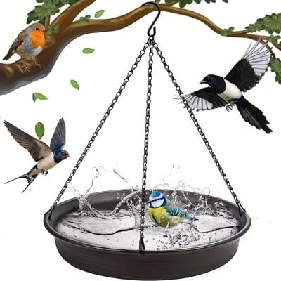 PolkaHome Vogelbad en Voederstation - Ophangbaar Vogelbad 31x31 cm, Geschikt als Waterschaal en Voedertafel, Grijs, Kunststof en Metaal