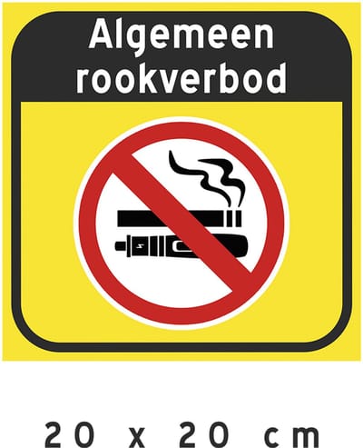 Pictogram/ bord | "Algemeen rookverbod" | 20 x 20 cm | Geel | Verboden te roken | Vapen | Vape | Elektronische sigaret | Rookvrij | Kunststof | Forex | 1 stuk
