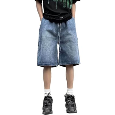 Shorts en Denim pour Hommes Taille Élastique à Cordon de Serrage Jambe Droite Large Shorts avec Poches Couleur Unie Shorts Décontractés Streetwear XL bleu foncé