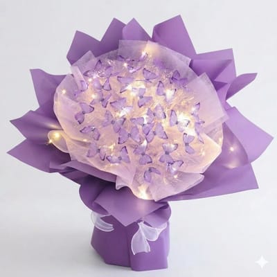 Vixson – Vlinderboeket Set – Vlinder Boeket Zelf Maken Knutselpakket – Inclusief LED Verlichting & Decoratie – Creatief Cadeau voor Haar – Paars – BUTTIBOU