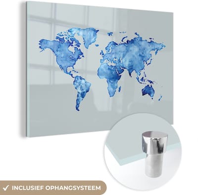 ® Glasschilderij 180x120 cm - Schilderij acrylglas - Wereldkaart - Waterverf - Grijs - Foto op glas - Muurdecoratie woonkamer - Wanddecoratie slaapkamer - Schilderijen
