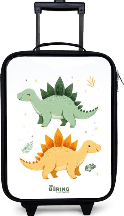 NoBoringSuitcases.com® - Kinderkoffer jongen - Kindertrolley meisje - Vrolijke stegosaurusvrienden - Koffer kind lichtgewicht - Reiskoffer trolley voor kinderen - Koffertje met lichtgevende wieltjes - Rolkoffer zwart