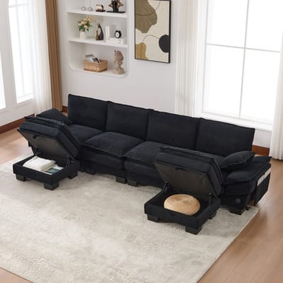 DESMIU Bank Set 330 Cm - Modulaire 4-Zits Met 2 Hockers, USB-C En Zijvakken - Voor Woonkamer, Kantoor En Lounge - Corduroy Zwart