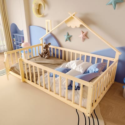 STILVORA Eenpersoonsbed 90x190 cm – Kinderbed Huisvorm & Hek Met Slot – Fantasierijk Voor Kinderkamer – Grenen – Lichtbruin – Zonder matras