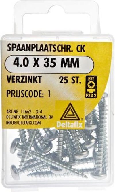 Hout schroef. 4.0x35mm. Lang. cilinderkop verzinkt 25 stuks spaanplaat schroeven.kruiskop-pzd-2.