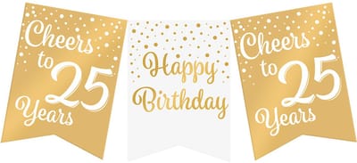 Vlaggenlijn | Set á 3 stuks | Feestvlaggen banner goud wit | met tekst 25 jaar | 6 meter | 10 vlaggen | hoogte 20 cm