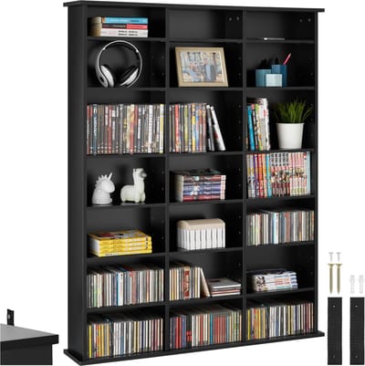 tectake® CD/DVD/Blu-ray kast - Boekenkast - 18 flexibel verstelbare planken - Houten mediakast met kantelbeveiliging - Plankstandaard - Afmeting (LxDxH) 105,5 x 19 x 136,5 cm - Zwart