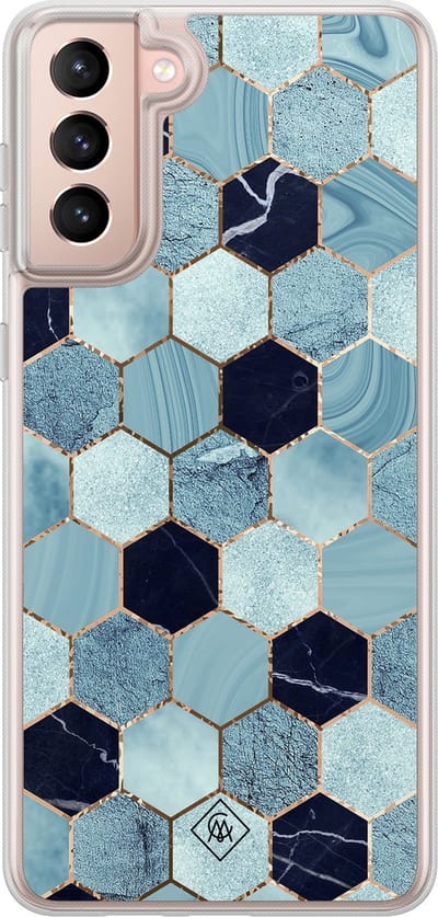 Casimoda® hoesje - Geschikt voor Samsung Galaxy S21 - Blue Cubes - 2-in-1 case - Schokbestendig - Marble design - Verhoogde randen - Blauw, Transparant