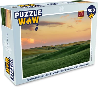 Puzzel Zonsondergang over tarwegebieden en landbouwbedrijf - Legpuzzel - Puzzel 500 stukjes