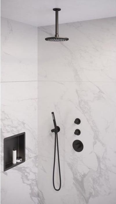 Brauer Black Edition thermostatische inbouw regendouche SET 05 met 20 cm douchekop en plafondarm en staaf handdouche en doucheslang en wandaansluitbocht mat zwart