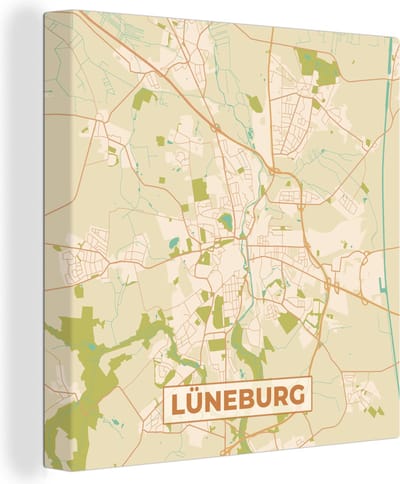 Canvas Schilderij Lüneburg - Plattegrond - Vintage - Kaart - Stadskaart - 20x20 cm - Wanddecoratie