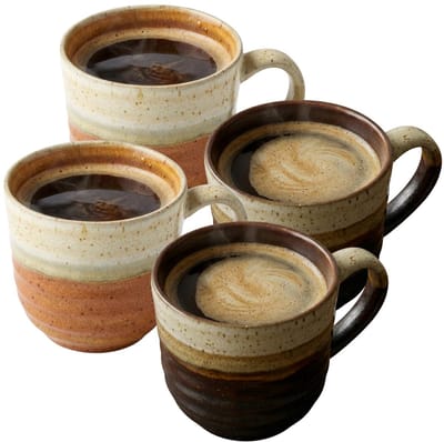 Mica Decorations Koffiemok Ethan - 4x - zwart en terra - 7 x 8 cm - porselein - theemok
