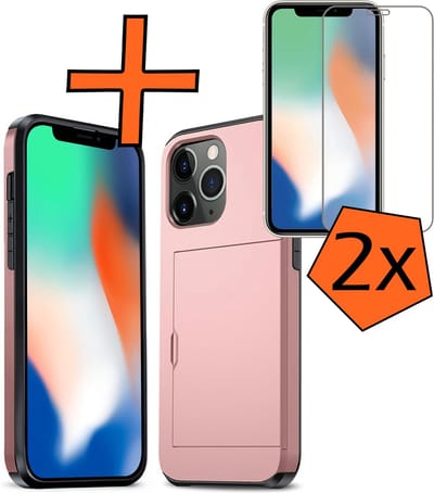 Hoesje Geschikt voor iPhone 11 Pro Hoesje Pasjeshouder Shockproof Hard Case Met 2x Screenprotector - Hoesje Geschikt voor iPhone 11 Pro Hoes Met Kaarthouder - Rosé goud