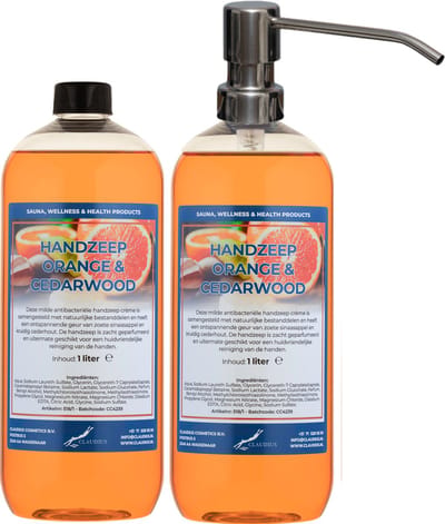 Handzeep Sweet Orange & Cedarwood 1 liter - set van 2 stuks - met gratis RVS zilverkleurige pomp - Voordeelverpakking