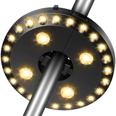 TOVBMUP Parasollamp - 28 LED-lampjes - Warm wit - 3 verlichtingsstanden - Werkt op batterijen - Balkonzonneschermlamp - Perfect geschikt voor tuin, balkon, terras, strand, feest - Balkonverlichting - Tuinverlichting - Campingdecoratie