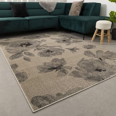 Beige met Grijs Tapijt Laagpolig Vloerkleed Koho Belgian Design Bloemenpatroon - 140x190cm- Modern - Woonkamer - Salon - Slaapkamer - Eetkamer