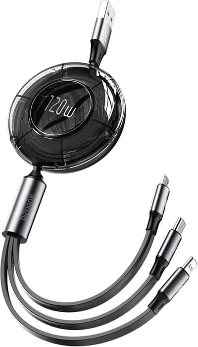 DrPhone TripleCharge – 3 In 1 Oplaadkabel – Verstelbare Lengte Tot 120CM – Opladen & Datatransfer – Lightning/USB-C/Micro USB - Dubbel uittrekbaar oprolsysteem - Zwart