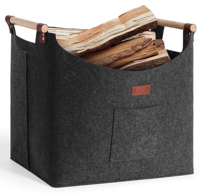 Houten mand - Vilten mand - Haardhout opslag - Extra grote capaciteit - 60 liter - Donkergrijs