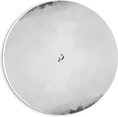 Forex Wandcirkel - Vliegende Man (zwart/wit) - 20x20cm Foto op Wandcirkel (met ophangsysteem)