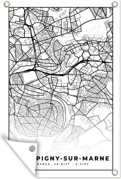 Muurdecoratie Kaart - Plattegrond - Champigny-sur-Marne - Frankrijk - Stadskaart - Zwart wit - 120x180 cm - Tuinposter - Tuindoek