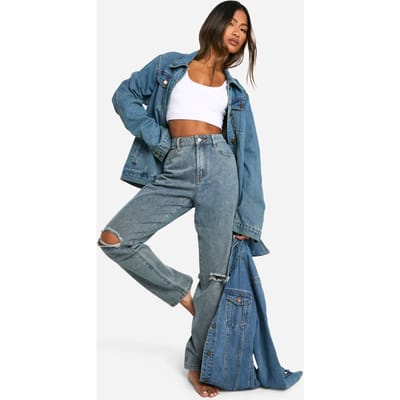 Dames Boohoo Basics Hoge Taille Gescheurde Knie Straight Leg Jeans in Gewassen Blauw | Washed Blue | Maat: 6/32L