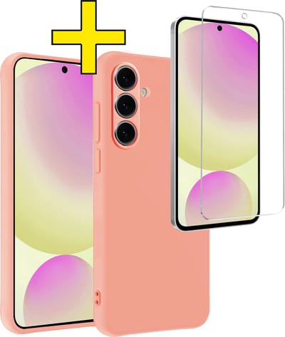 Hoesje - Met Screenprotector - Geschikt voor Samsung Galaxy S24 FE - Sterk & Shockproof - Back Cover - Siliconen Case - Telefoon Hoes - Telefoonhoesjes - Perzik