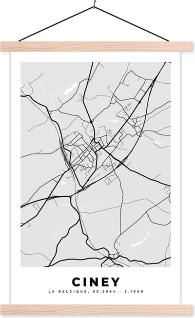 Posterhanger incl. Poster 40x60 cm - Schoolplaat - Stadskaart – Zwart Wit - Kaart – Ciney – België – Plattegrond - Textielposter - Blanke latten - Stadskaart