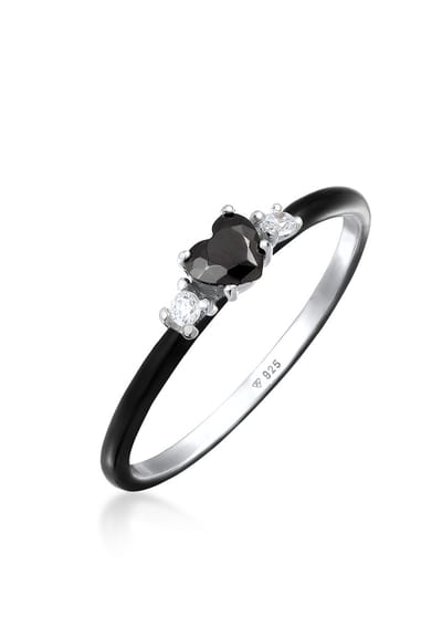 Elli - Ring - Elli Ring met Stenen Dames Hart Zirkonia Kristallen Zwart Emaille 925 Sterling Zilver Verloving Zwart - Dames