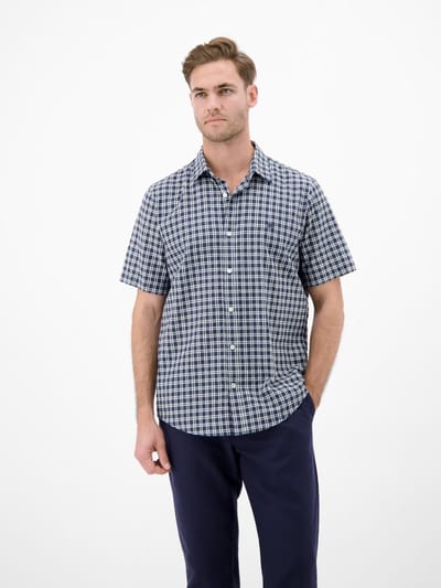 LERROS Geruit overhemd met korte mouwen van seersucker , Maat: S , Kleur: CLASSIC NAVY , 99% katoen, 1% elastaan