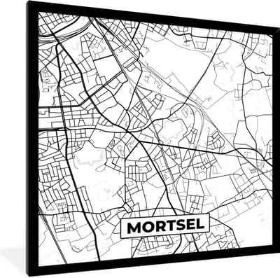 Fotolijst incl. Poster Zwart Wit- Stadskaart – Plattegrond – België – Zwart Wit – Mortsel – Kaart - 40x40 cm - Posterlijst