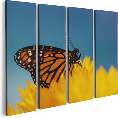 Artaza Canvas Schilderij Vierluik Oranje Vlinder Bij Een Zonnebloem - 80x60 - Foto Op Canvas - Canvas Print