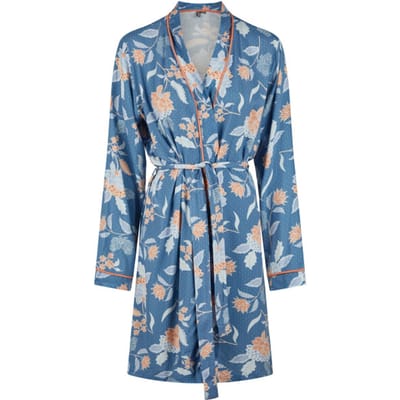 By Louise Dames Kimono Ochtendjas Bamboe Viscose Blauw/Oranje Gebloemd - Maat S