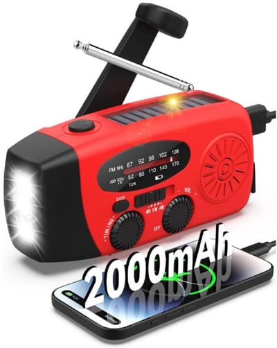 Noodradio Solar - Solar Opwindbaar - AM/FM/NOAA-radio - 2000mAh Powerbank - LED Zaklamp Oplaadbaar- SOS alarm - USB-C kabel - voor Buiten Kamperen Thuis Noodstroomuitval - Waterdicht - Draagbare radio's - Rood
