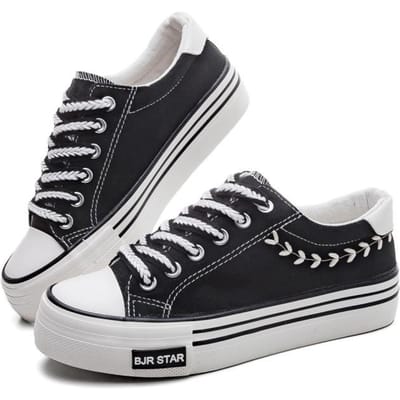 Chaussures en toile et caoutchouc pour femmes, à semelles épaisses et rehaussantes, vulcanisées, printemps, couleur unie, épi de blé, talon plat, tige basse, chaussures de skate 40 noir