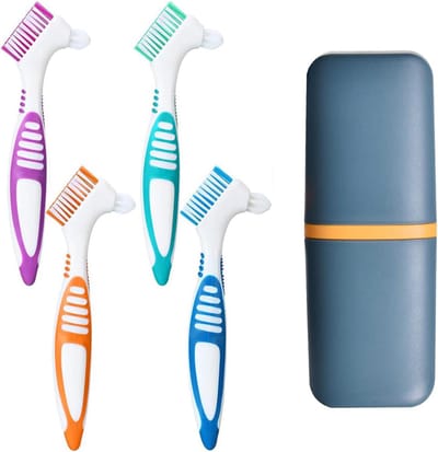 Set van 4 Protheseborstels met Dubbele Kop en Etui - Harde Reiniging voor Gebit en Beugels