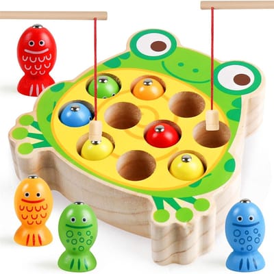 Houten visspel voor peuters, houten kikker, magnetisch visspeelgoed, kleurensorteerpuzzel, Montessori kleuterschool, fijne motoriek voor jongens en meisjes van 3, 4 en 5 jaar oud