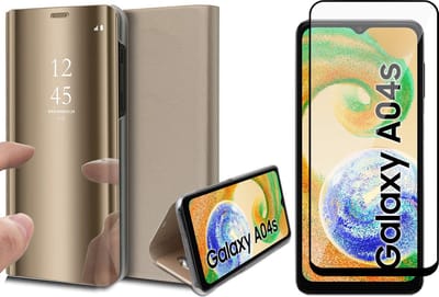 Hoesje geschikt voor Samsung Galaxy A04s / A13 5G - Screen Protector FullGuard - Book Case Spiegel Goud & Screenprotector