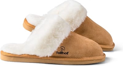 Warme met wol gevoerde leren Fellhof Komfort pantoffels dames hellbraun, maat 36