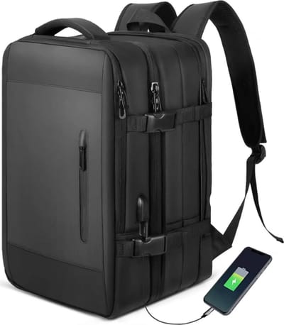 Avoir Avoir®-Veelzijdige en stijlvolle unisex reis-/weekendtas rugzak-Zwarte-36-55 liter-45x32x22 cm-NYLON voeringmateriaal-Comfortabele handgreep-USB-uitgang-17 inch laptopvak