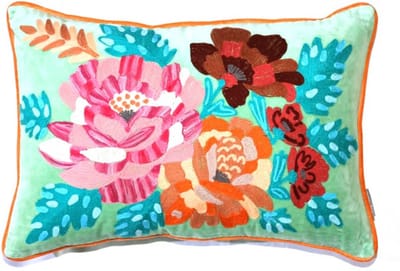 Only Natural sierkussen kussen velvet fluweel turquoise met geborduurde bloemen 40 x 60 cm