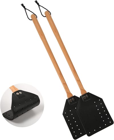 KZQ 2 Leren Vliegenmeppers, Handmatig, Stevig, met Lange Houten Handgreep en Riem, Duurzame Vliegenmepper, Wespenmepper, Geschikt voor Binnen- en Buitengebruik - Zwart