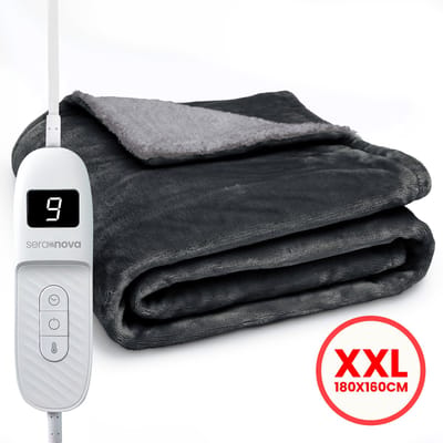 Seranova Elektrische Deken XXL - 180x160 cm - 2 persoons Bovendeken - Warmtedeken - Dubbelzijdig - Fleece Sherpa - Antraciet Grijs