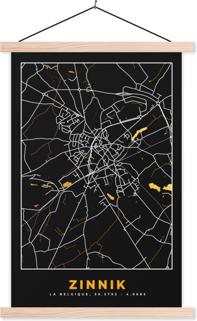 Posterhanger incl. Poster 40x60 cm - Schoolplaat - Zinnik - Goud - Stadskaart - Kaart - Plattegrond - Textielposter - Blanke latten - Stadskaart