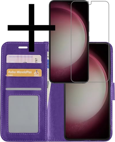 Hoesje - Met Screenprotector - Geschikt voor Samsung Galaxy S23 - Luxe Pasjeshouder - Bookcase Portemonee - Flip Case - Kunstleer Book Case - Flipcase - Book Cover - Walletcase - Portemonneehoes - Paars